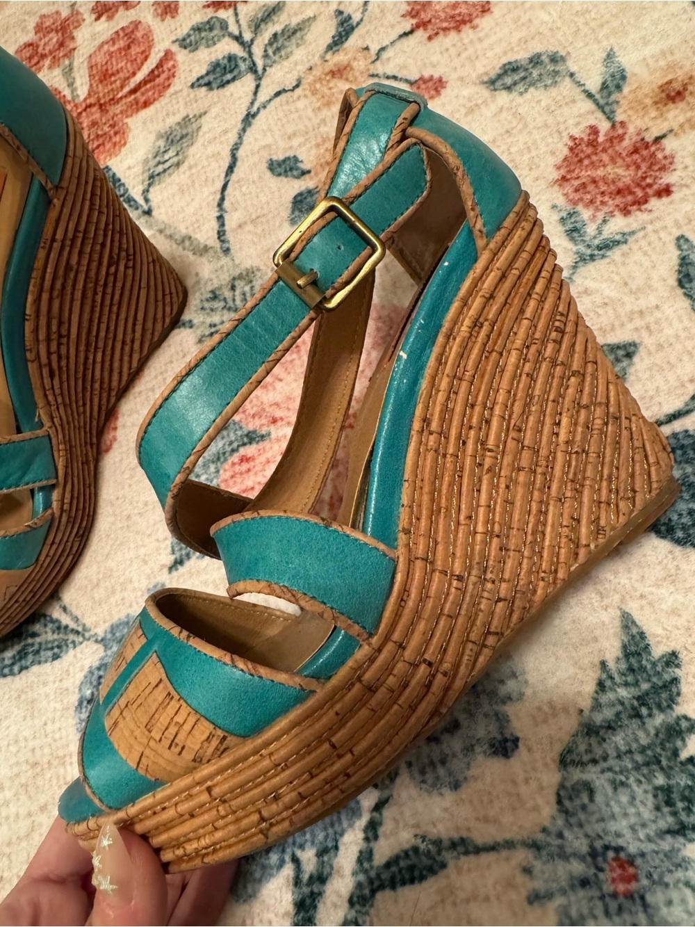 Miz Mooz Teal and Cork Wedge Sandals - Picture 3 of 12